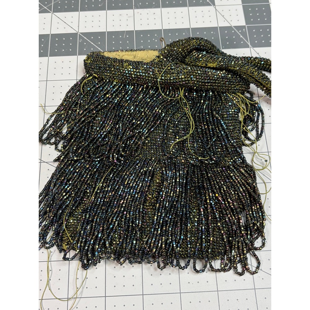 Antique 1920s Iridescent Beaded Fringe Purse Flapper Art Deco Wristlet Seed Bead - Picture 4 of 6